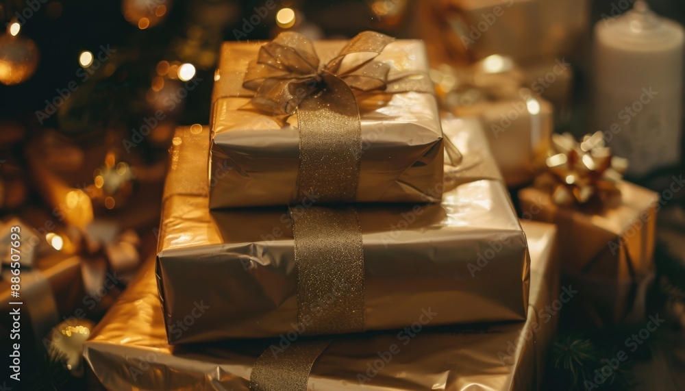 Stacked Gold Gift Boxes Wrapped With Ribbon Under Christmas Tree Stacked Gold Gift Boxes Wrapped With Ribbon Under Christmas Tree