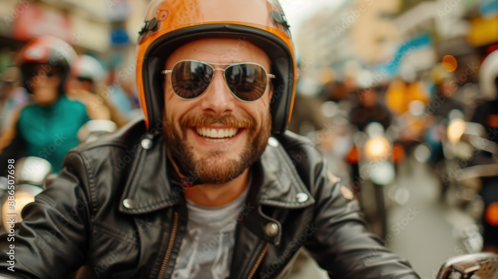 A happy man in a black leather jacket, orange helmet, and aviator sunglasses enjoying a motorcycle ride in a bustling city surrounded by other riders. A happy man in a black leather jacket, orange helmet, and aviator sunglasses enjoying a motorcycle ride in a bustling city surrounded by other riders.