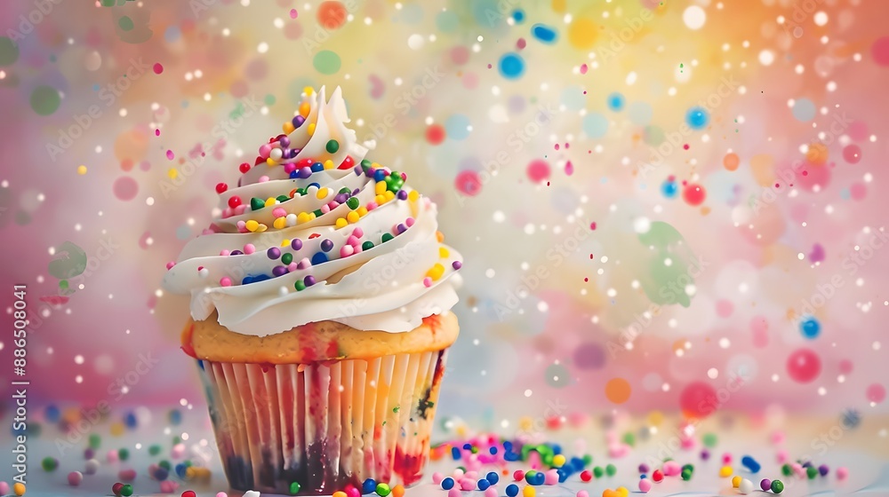 A single cupcake with white frosting and colorful sprinkles against a vibrant, blurred background. A single cupcake with white frosting and colorful sprinkles against a vibrant, blurred background.