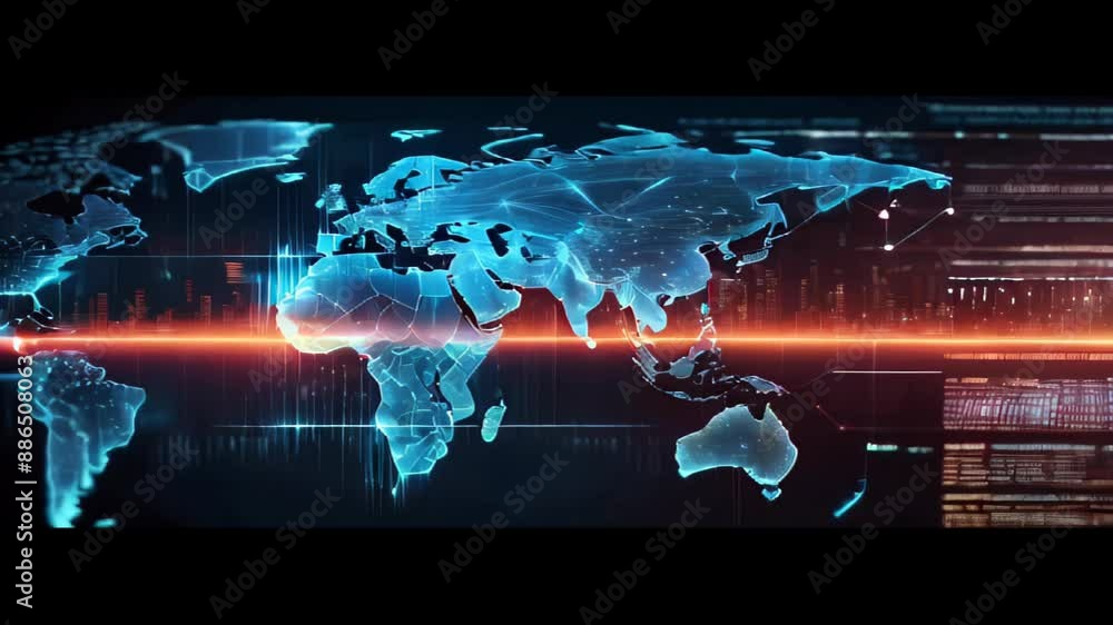 Futuristic digital world map with glowing blue and orange light lines ...