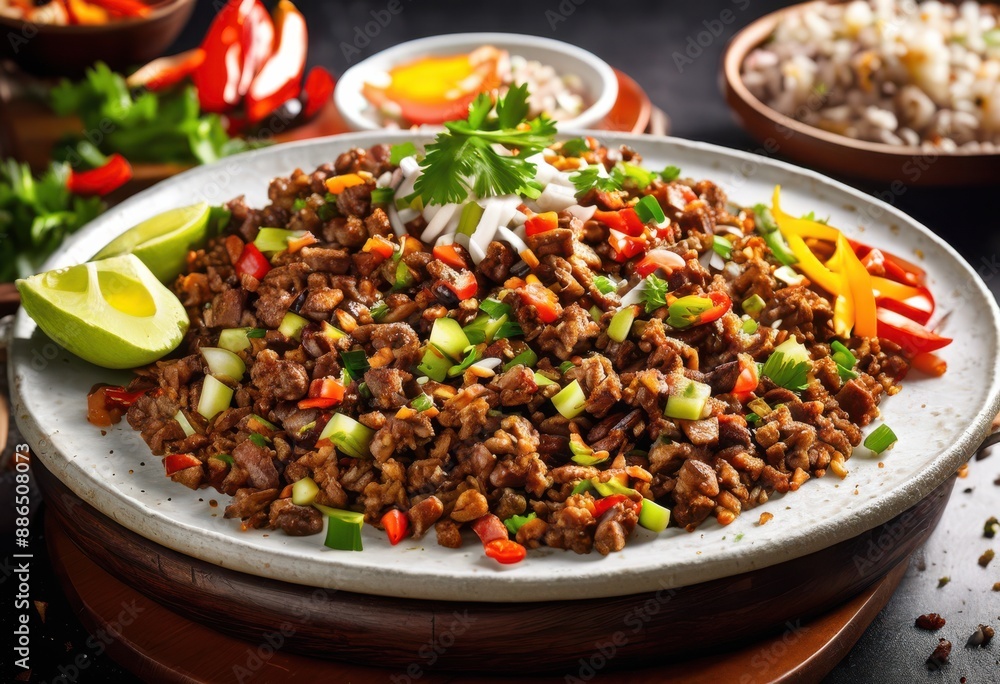 delicious sizzling sisig hot sizzle filipino cuisine food concept, grilled, pork, crispy, onion, chopped, spicy, tasty, cooked, flavorful, appetizing delicious sizzling sisig hot sizzle filipino cuisine food concept, grilled, pork, crispy, onion, chopped, spicy, tasty, cooked, flavorful, appetizing