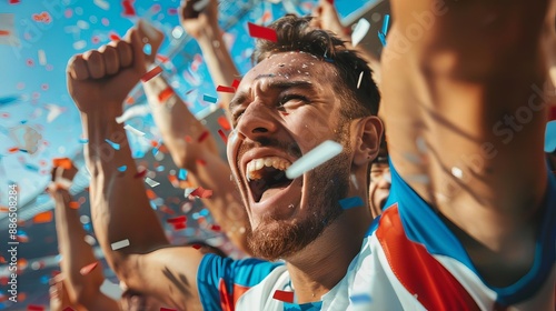 Excited sports fan cheering in a crowded stadium, celebrating the victory with confetti falling all around, showcasing intense joy and enthusiasm.
