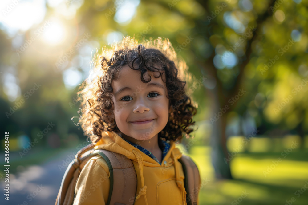 Smiling student walks home from school on a sunny autumn day, surrounded by nature, symbolizing childhood joy and growth Smiling student walks home from school on a sunny autumn day, surrounded by nature, symbolizing childhood joy and growth