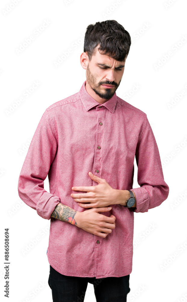 Φωτογραφία Young handsome man wearing pink shirt over isolated background with hand on stomach because nausea, painful disease feeling unwell