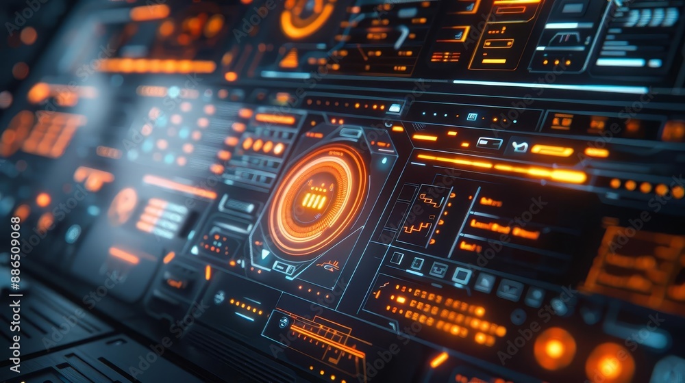 Obraz premium Futuristic digital interface displaying data with glowing orange elements and intricate design, representing advanced technology and innovation.