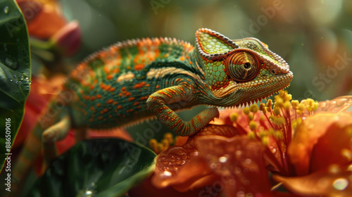 Chameleon and flower captured in a macro shot, showcasing intricate details and natural beauty photo