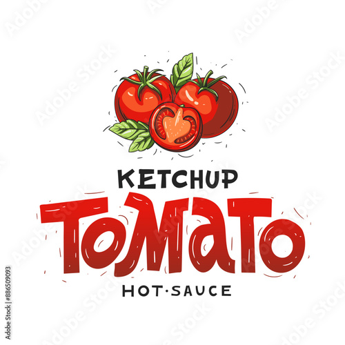Ketchup. Tomato hot sauce. Hand lettering. Drawn text and illustration red tomatoes. Vector