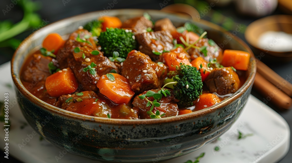 A bowl of hearty beef stew with carrots and broccoli, on a white marble table, rustic setting, warm lighting, food photography, high detail, 8k resolution. A bowl of hearty beef stew with carrots and broccoli, on a white marble table, rustic setting, warm lighting, food photography, high detail, 8k resolution.
