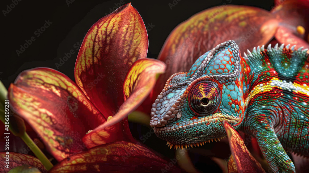 Fototapeta premium Chameleon blending with a flower in stunning close-up, highlighting its camouflage abilities