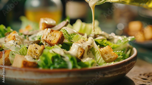 Obraz na płótnie Classic Caesar salad with romaine lettuce, anchovies, croutons, and a generous drizzle of Caesar dressing w salonie