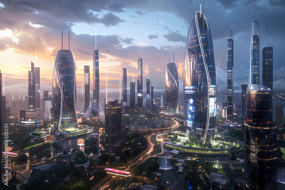 Naklejka premium Sunset Over the Futuristic Metropolis