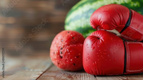 This image pairs red boxing gloves with fresh watermelon and tomato on a rustic wooden table, symbolizing a balance between strength and healthy nutrition, ideal for fitness themes.