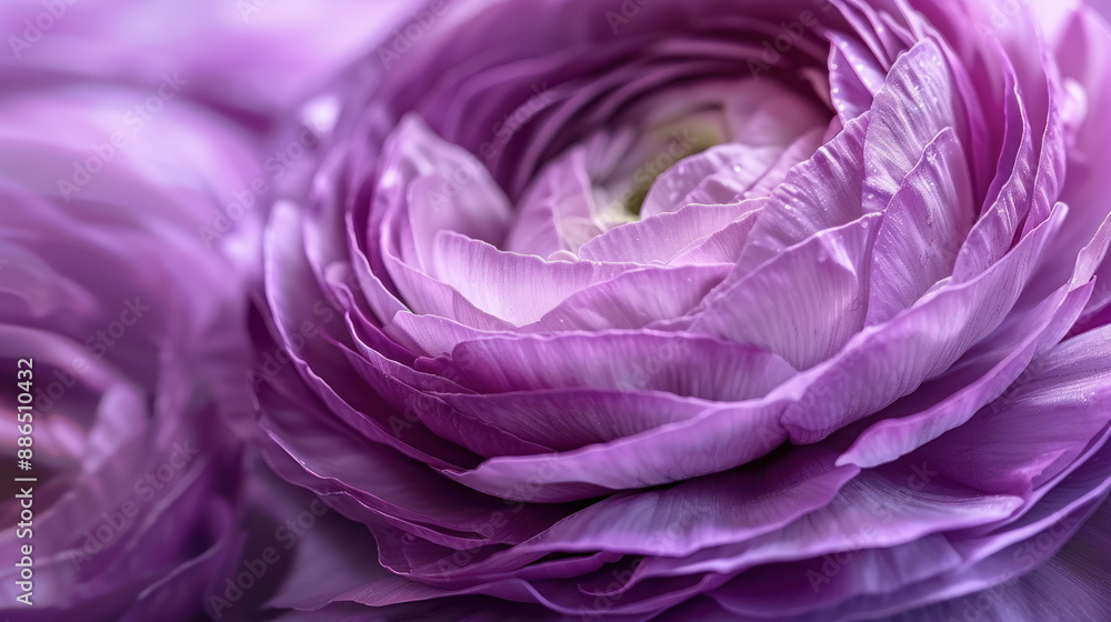 Close-up macro shot of a purple ranunculus flower, showcasing its delicate petals Close-up macro shot of a purple ranunculus flower, showcasing its delicate petals