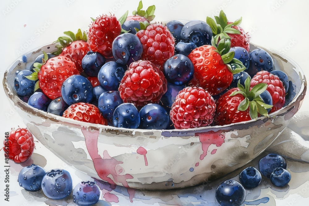 A vibrant watercolor illustration of a bowl of ripe, juicy summer fruits strawberries, blueberries, and raspberries arranged artfully on a pristine white linen napkin A vibrant watercolor illustration of a bowl of ripe, juicy summer fruits strawberries, blueberries, and raspberries arranged artfully on a pristine white linen napkin