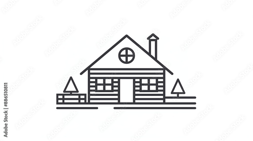 Fototapeta premium Minimalistic Outline Drawing of a Countryside Log Cabin with Trees and Fence
