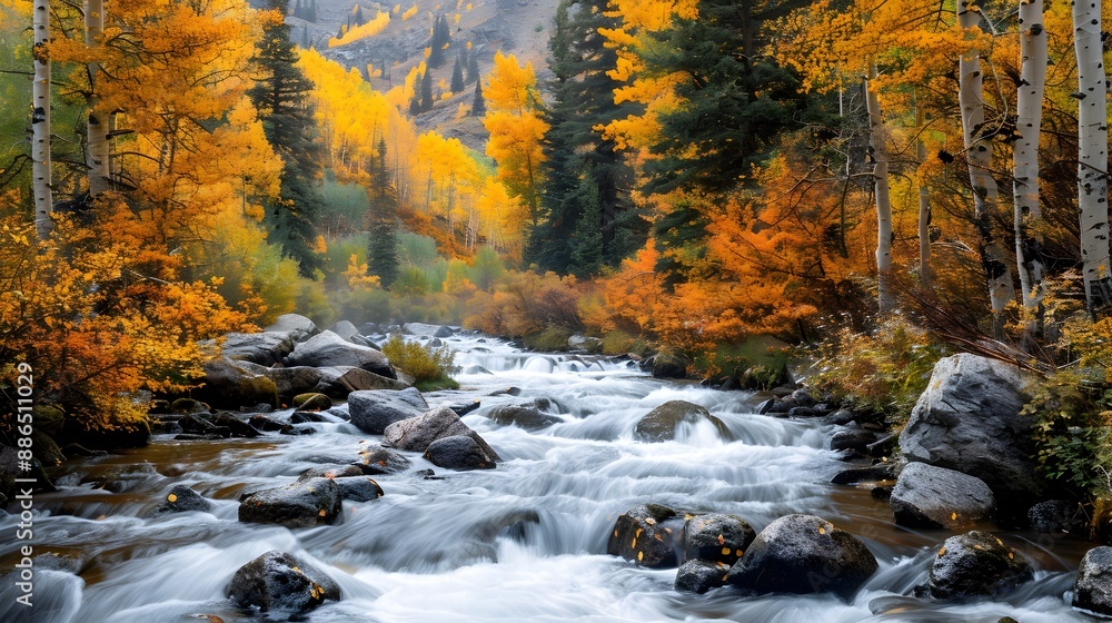 Autumn Splendor Serene Mountain River Flowing Through Vibrant Forest Landscape Autumn Splendor Serene Mountain River Flowing Through Vibrant Forest Landscape