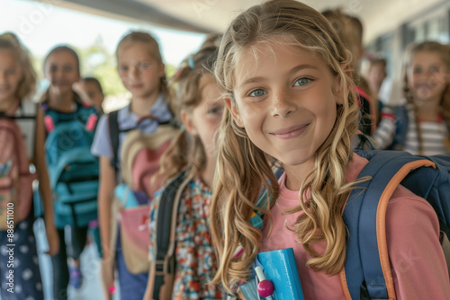 Smiling blond elementary age girl standing in school hallway with friends, holding books and backpack