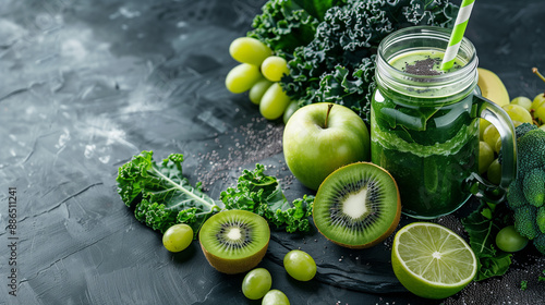 Glass jar mugs filled with green health smoothie surrounded by fresh kale leaves, lime, apple, kiwi, grapes, banana, avocado, and lettuce, with copy space. Perfect for raw, vegan, vegetarian, and alka photo