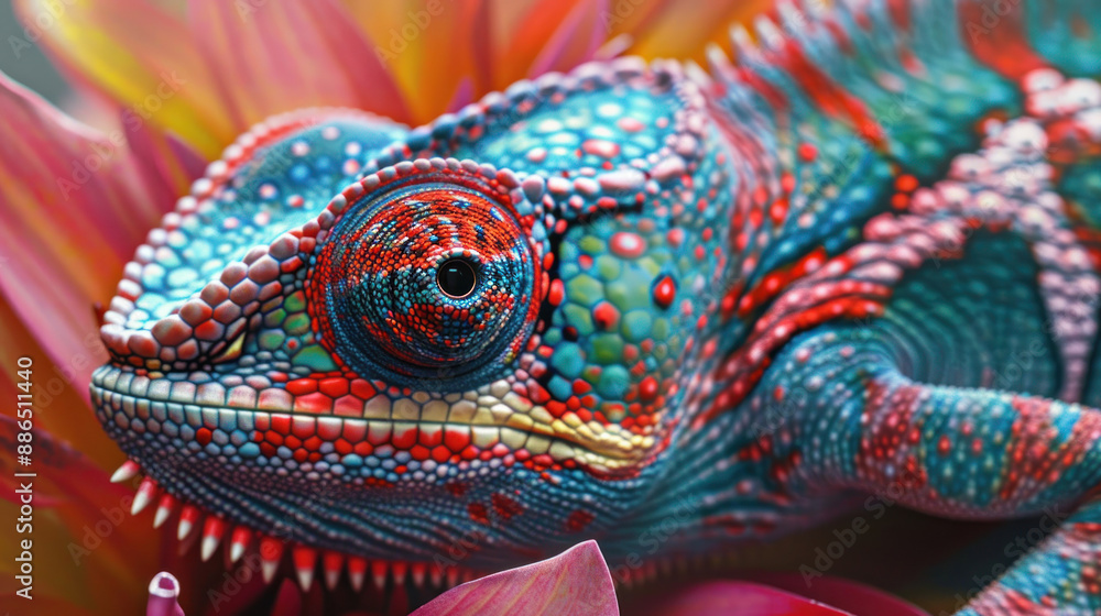 Close-up of a chameleon's face and flower petals, capturing intricate details and colors Close-up of a chameleon's face and flower petals, capturing intricate details and colors