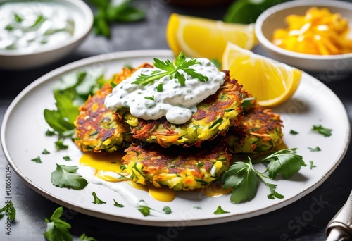 crispy zucchini fritters tzatziki delicious vegetarian appetizer white plate, sauce, snack, greek, dish, healthy, fresh, homemade, culinary, meal, veggie