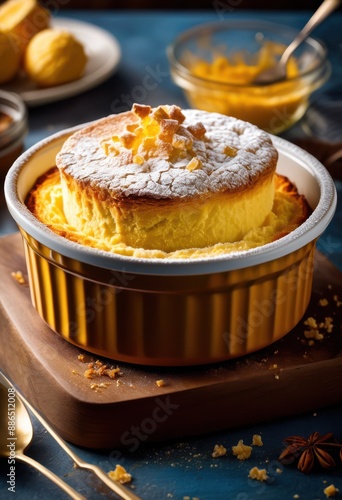 fluffy souffle ascending gracefully from ramekin delicate baking process, rising, light, airy, puffed, golden, baked, elegant, whisked, egg, oven, cooked,