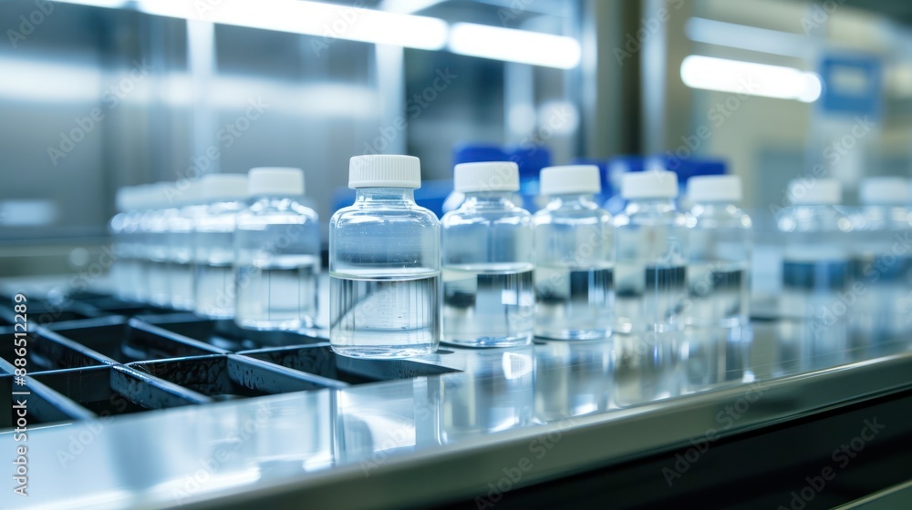 A packaging area in a sterile manufacturing facility, with sealed medical bottles being labeled and prepared for shipment, showcasing the final stages of production with minimalist style A packaging area in a sterile manufacturing facility, with sealed medical bottles being labeled and prepared for shipment, showcasing the final stages of production with minimalist style