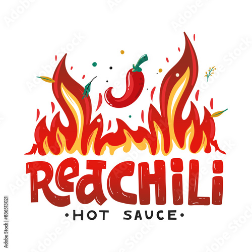 Red Chili Hot Sauce. Flat illustration spicy chili pepper in flame fire