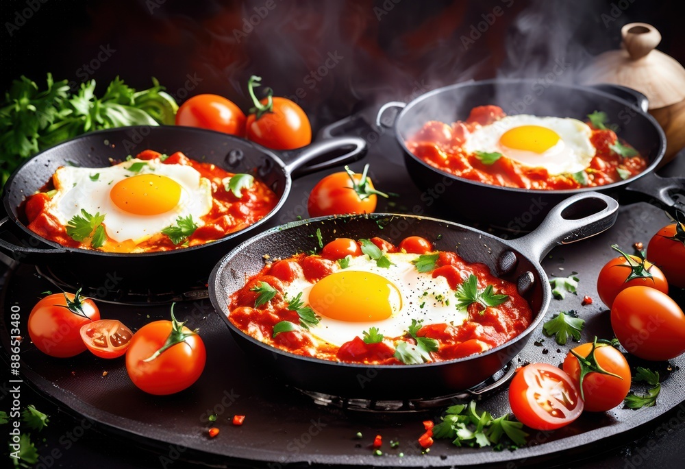 sizzling shakshuka eggs cooking spicy tomato sauce frying pan, breakfast, brunch, traditional, middle, eastern, red, peppers, onions, garlic, mediterranean, homemade sizzling shakshuka eggs cooking spicy tomato sauce frying pan, breakfast, brunch, traditional, middle, eastern, red, peppers, onions, garlic, mediterranean, homemade