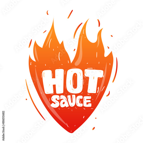 Hot Sauce. Hand lettering text on silhouette heart. Illustration red fire flame. Vector sticker, label, badge, logo Chili spicy sauce