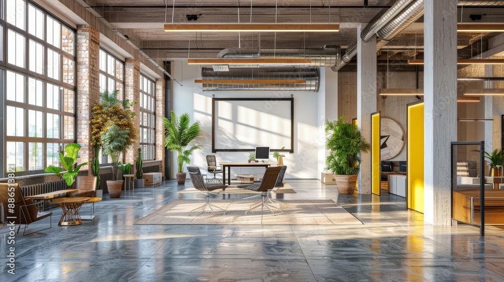 Modern industrial loft office with large windows, plants, and contemporary furniture, featuring an open space layout and high ceilings. Modern industrial loft office with large windows, plants, and contemporary furniture, featuring an open space layout and high ceilings.