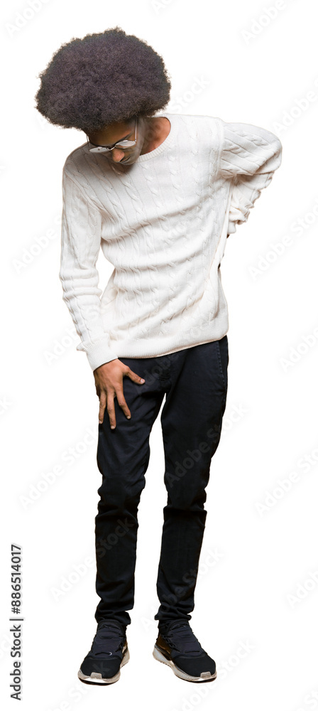 Young african american man with afro hair wearing glasses Suffering of backache, touching back with hand, muscular pain Young african american man with afro hair wearing glasses Suffering of backache, touching back with hand, muscular pain