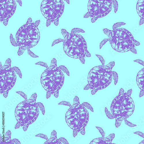 Vector sea animals seamless pattern. Sea turtle in bright purple and blue colors.