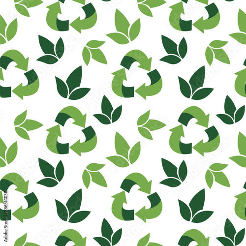 Sustainable packaging vector seamless pattern, Flat design of recycling symbol and leaves background, cute vector illustration with reflections