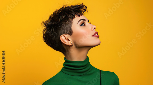 Close-up of a woman with a short hairdo and green turtleneck, gazing thoughtfully upwards, yellow background