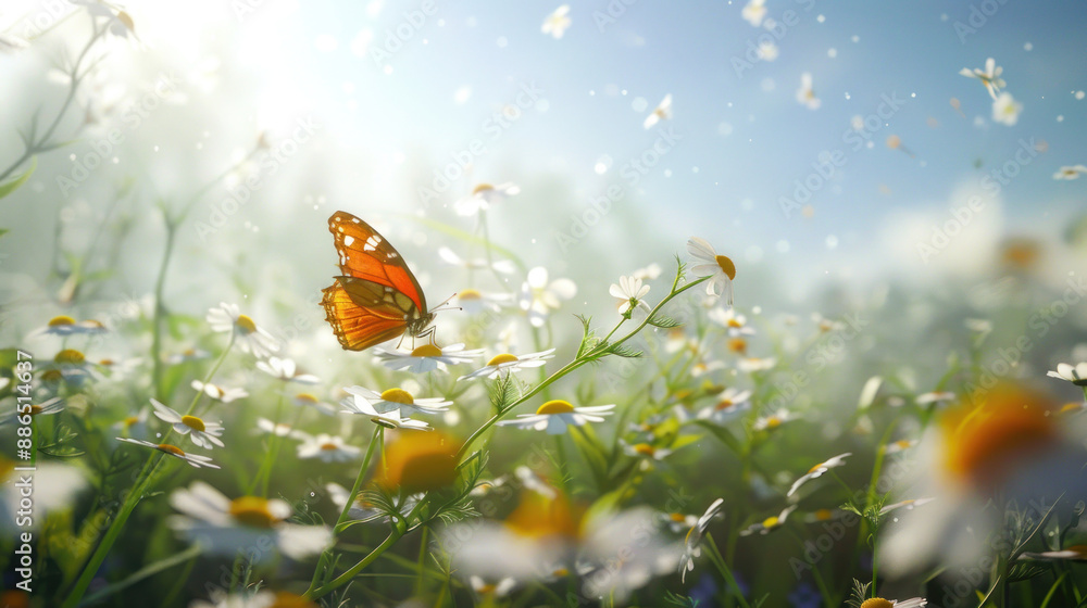 Close-up of chamomile and wild peas with a butterfly landing on the petals in the morning mist Close-up of chamomile and wild peas with a butterfly landing on the petals in the morning mist