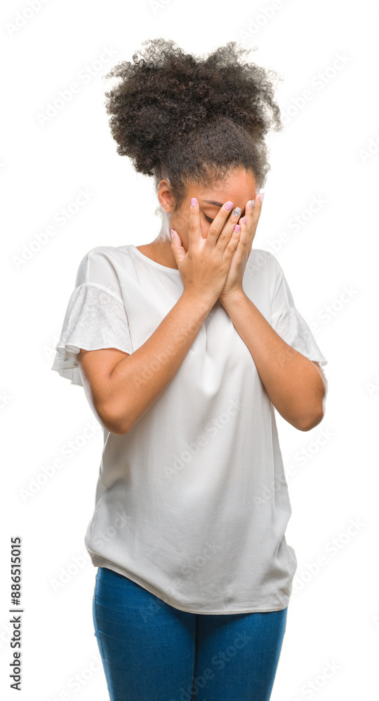 Young afro american woman over isolated background with sad expression covering face with hands while crying. Depression concept. Young afro american woman over isolated background with sad expression covering face with hands while crying. Depression concept.