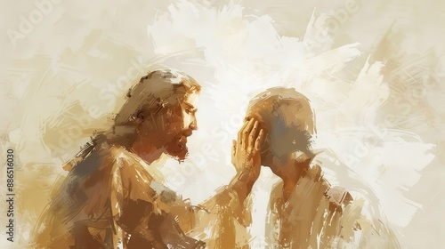 Christian Jesus Healing Blind Man with Touch Compassion and Miraculous Healing Beige Background and Copyspace