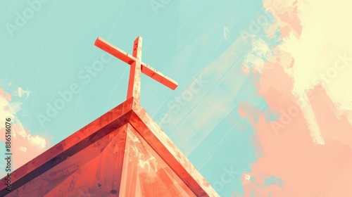 Church Spire Reaching Towards the Sky Biblical Illustration Beige Background Christian Aspiration and Faith Copyspace photo