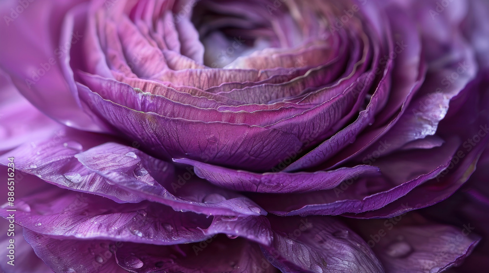 Fototapeta premium Detailed macro image of a pink ranunculus bloom, focusing on its intricate layers