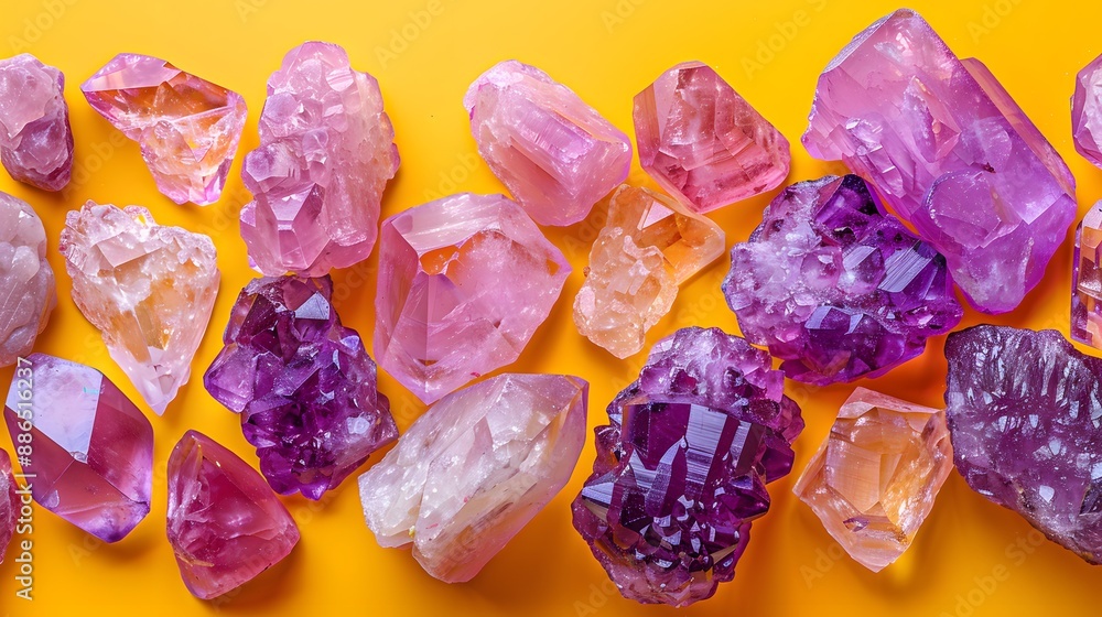 Assorted gemstones and crystals, vibrant purple and pink hues, various shapes and sizes, polished stones, yellow background, flat lay composition, right-aligned arrangement, soft studio lighting. Assorted gemstones and crystals, vibrant purple and pink hues, various shapes and sizes, polished stones, yellow background, flat lay composition, right-aligned arrangement, soft studio lighting.