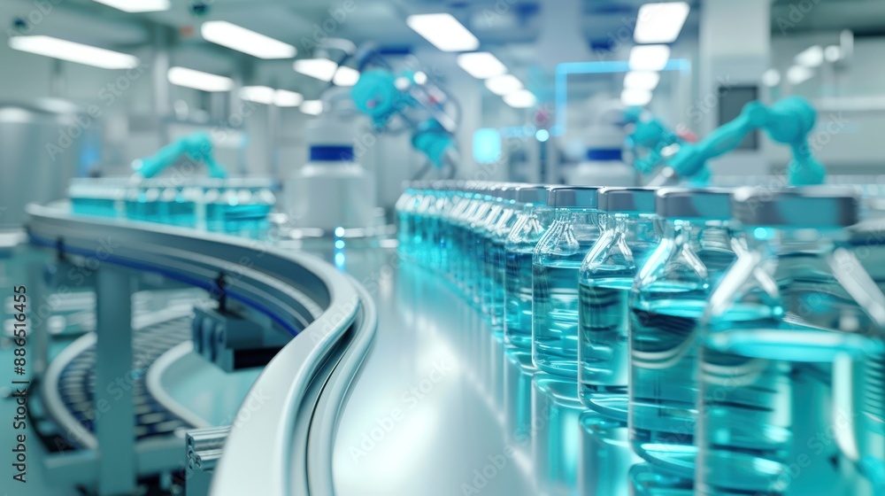 A wide-angle view of a modern production line bottling sterile medical solutions, with robotic arms and conveyor belts showcasing the efficiency and technology with minimalist style A wide-angle view of a modern production line bottling sterile medical solutions, with robotic arms and conveyor belts showcasing the efficiency and technology with minimalist style