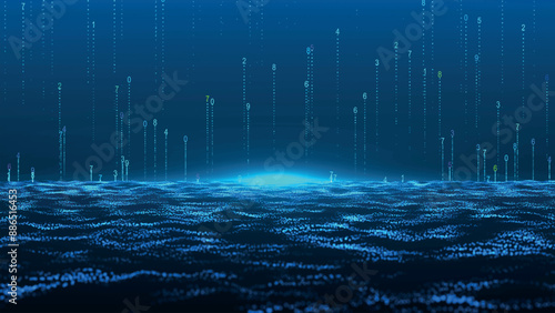 Abstract digital background. Shining particles in the form of numbers smoothly rise vertically to the top. Big data visualization. Data flow information. Futuristic abstract cyberspace background. 3D 