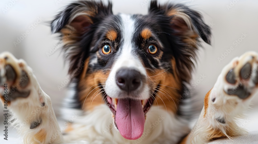 Australian Shepherd portrait, playful dog pose, paws outstretched, tongue out, heterochromia eyes, tri-color fur pattern, fluffy ears, white background, studio lighting, expressive canine features. Australian Shepherd portrait, playful dog pose, paws outstretched, tongue out, heterochromia eyes, tri-color fur pattern, fluffy ears, white background, studio lighting, expressive canine features.