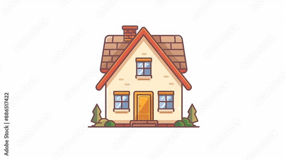 Illustrated Cartoon House with Chimney and Landscaping in Suburban Setting Illustrated Cartoon House with Chimney and Landscaping in Suburban Setting