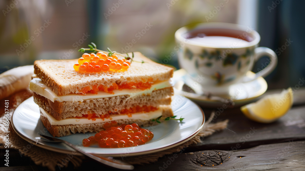 sandwich with butter and red caviar on a plate tea sandwich with butter and red caviar on a plate tea