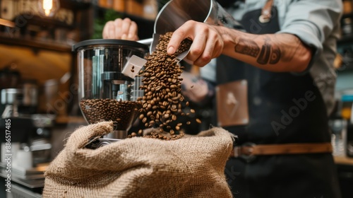 barista pouring a scoop of coffee grains from a burlap sack into a grinder, preparing to brew a fresh cup of coffee for a customer