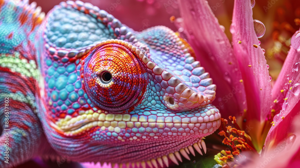 Obraz premium Detailed view of a chameleon face and flower petals in vibrant colors