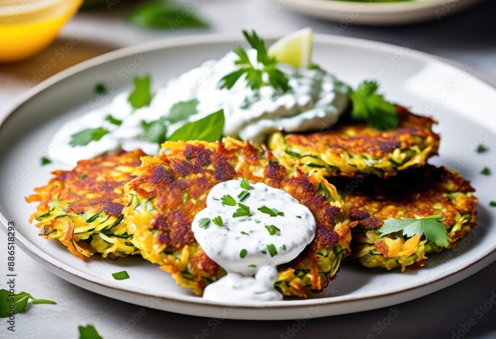 crispy zucchini fritters tzatziki delicious vegetarian appetizer white plate, sauce, snack, greek, dish, healthy, fresh, homemade, culinary, meal, veggie crispy zucchini fritters tzatziki delicious vegetarian appetizer white plate, sauce, snack, greek, dish, healthy, fresh, homemade, culinary, meal, veggie