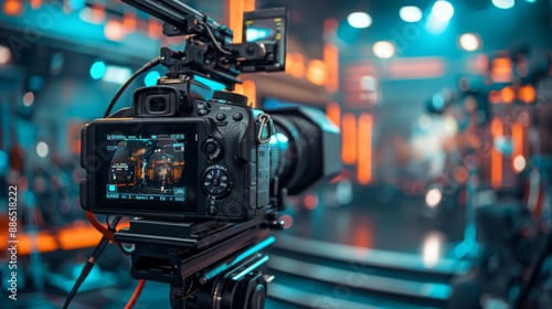 Wallpaper Mural Modern video camera with a digital display recording an interview in a TV show studio. Blurry background. Mass media, television, and technology concepts. Behind the scenes of making of movie and TV Torontodigital.ca