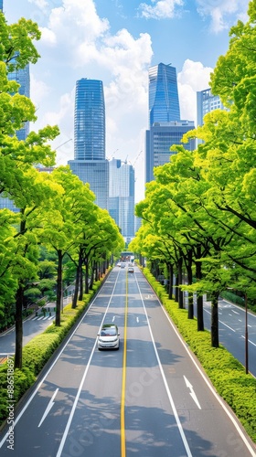 Green business district with electric vehicles and renewable energy sources, emphasizing reduced carbon footprint 